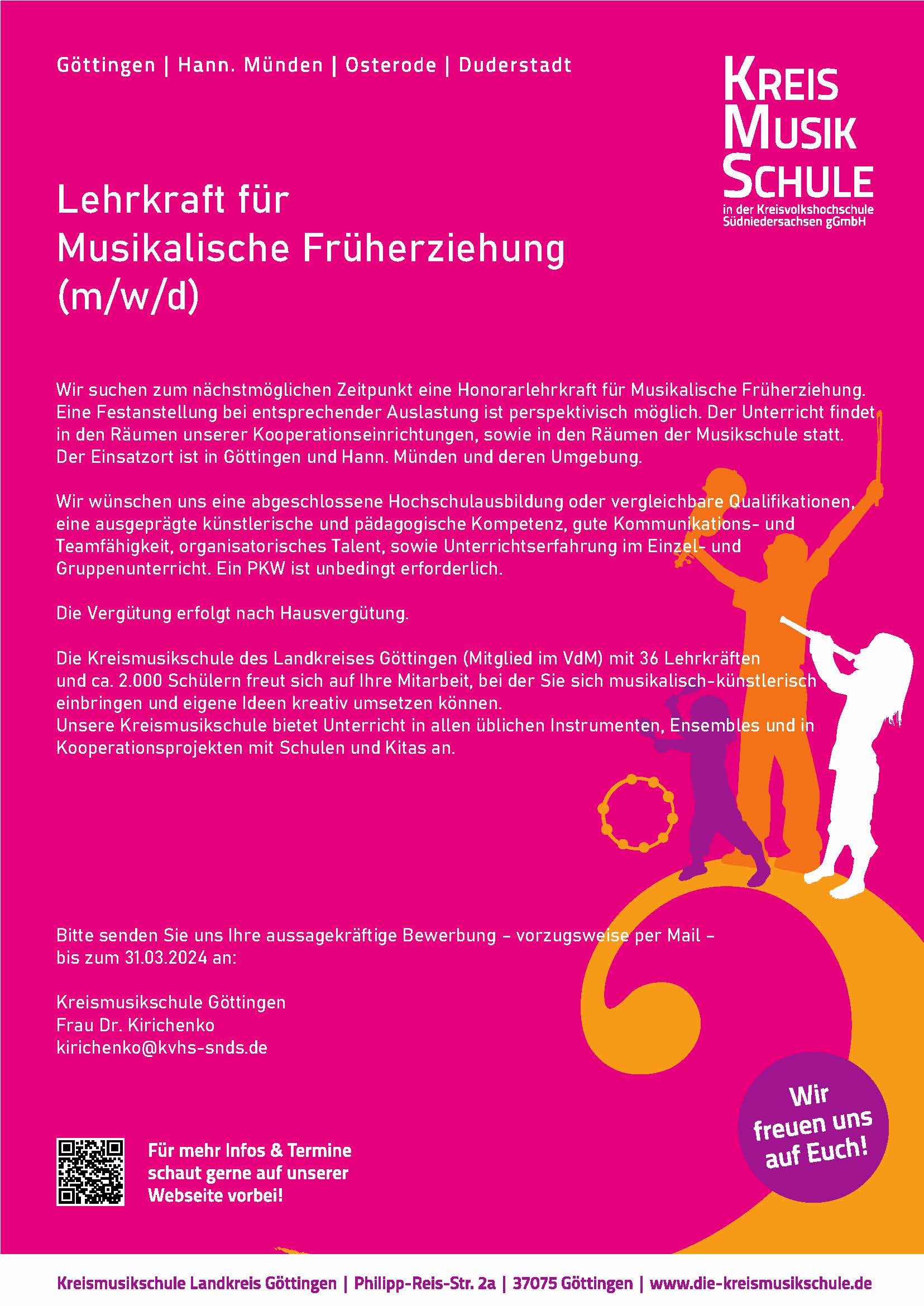 Stellenausschreibung für eine Lehrkraft für musikalische Früherziehung - Kreismusikschule Göttingen