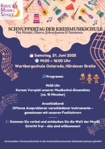 Plakat vom Schnuppertag der Kreismusikschule Osterode am 21.06.2025