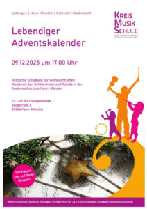 Plakat vom Lebendigen Adventskalender, Weihnachtsmusikveranstaltung am 9.12.25 in der Ev.-ref. Kirchengemeinde Hann. Münden